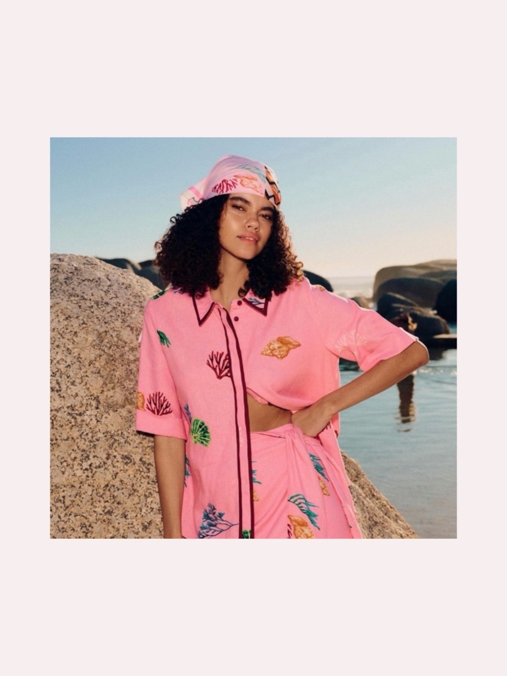 POETRY Linen Blend Pink Coral & Seashell Motif Short Sleeve Button Front Shirt